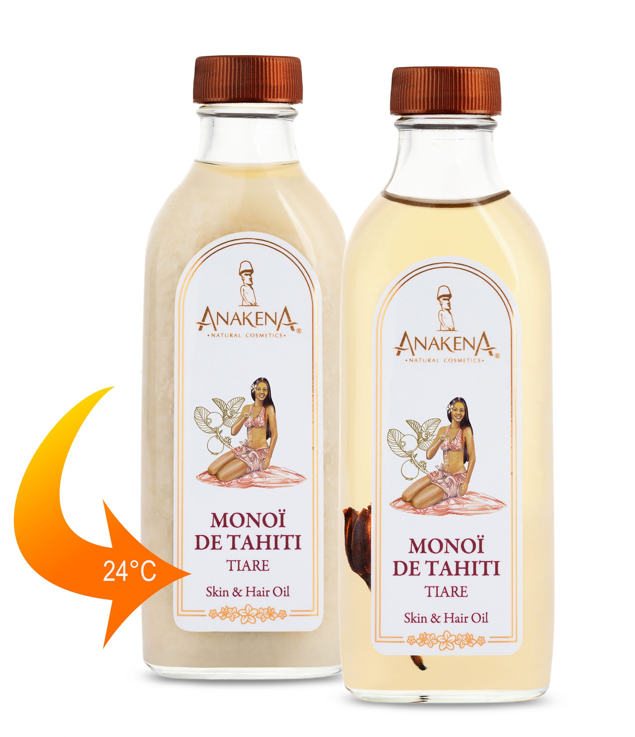 Monoï Duo solido y liquido El Monoï solidifica a temperaturas inferiores a 24°C. Por favor coloque la botella en un recipiente con agua tibia o cerca de una fuente de calor, y el contenido se volverá líquido nuevamente en poco tiempo.
