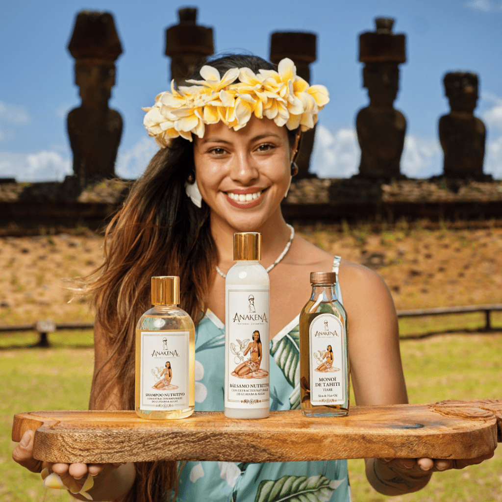 Modelo con Shampoo Bálsamo Monoi de Tahiti Anakena