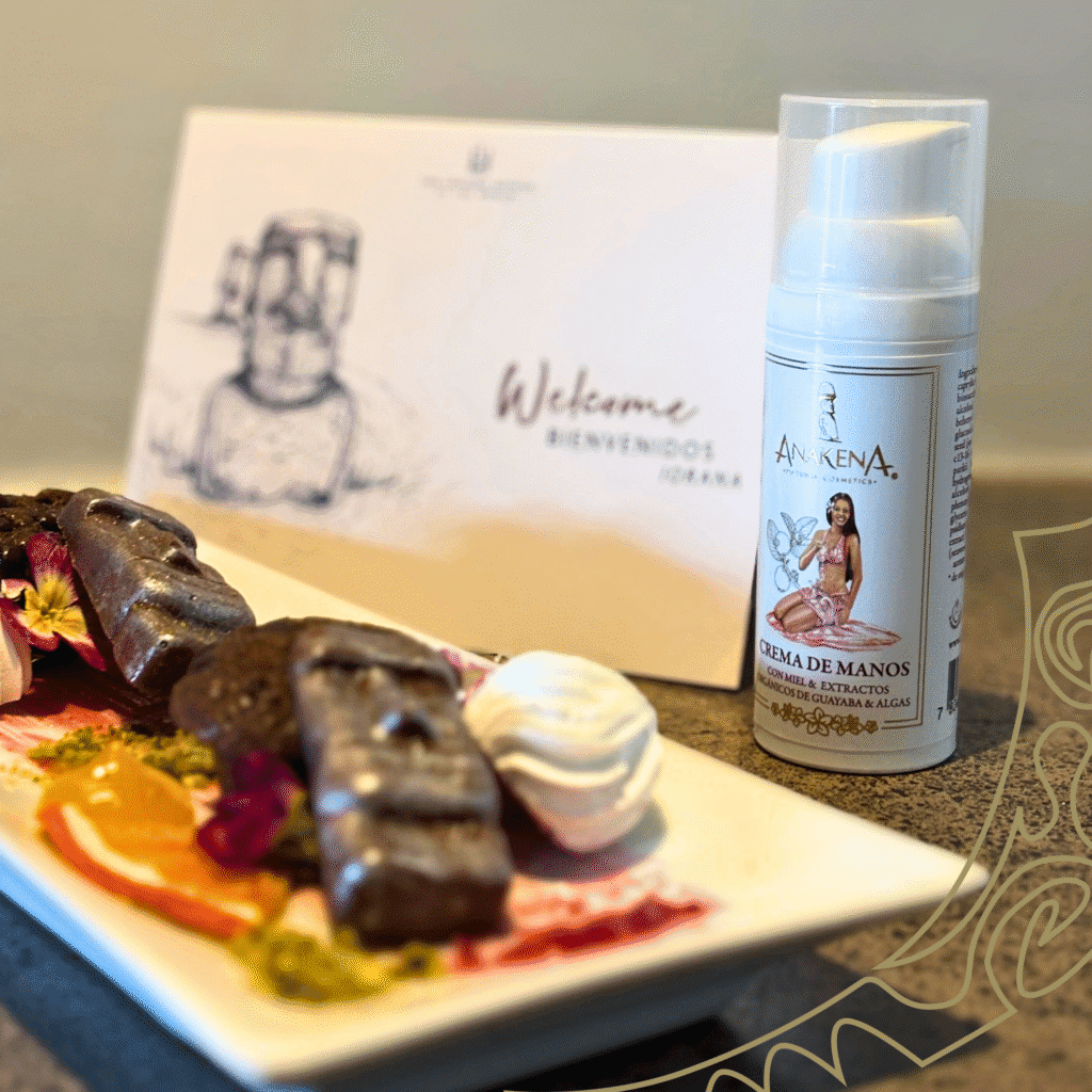 Detalle de bienvenida en Hotel Nayara Hangaroa Rapa Nui con cosméticos naturales Anakena