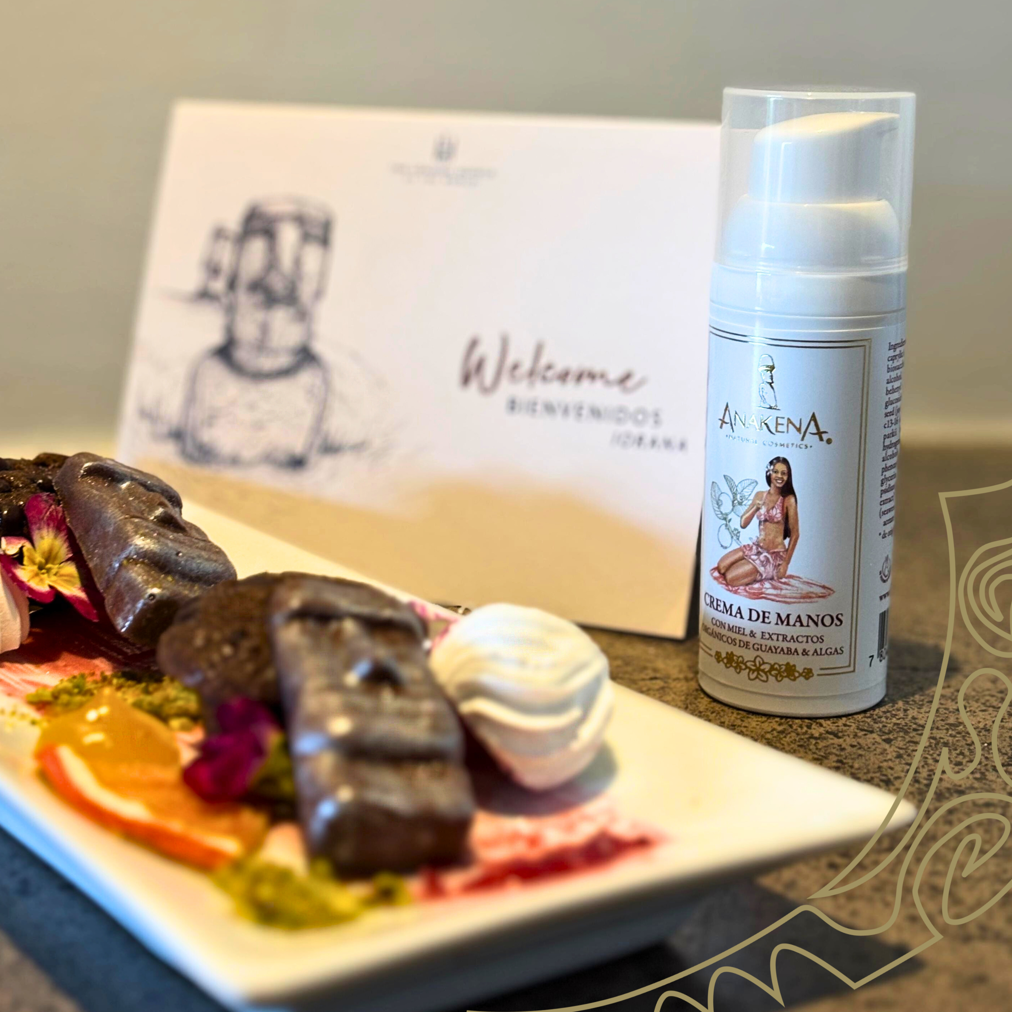Detalle de bienvenida en Hotel Nayara Hangaroa Rapa Nui con cosméticos naturales Anakena